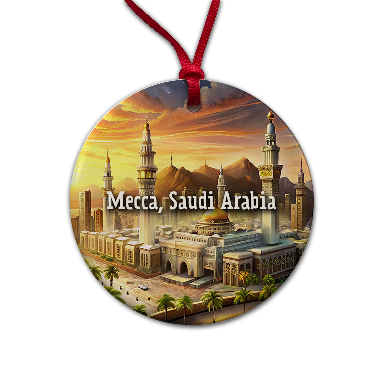 Mecca, Saudi Arabia Travel City Country Stamp Round Ceramic Holiday Christmas Tree Ornament