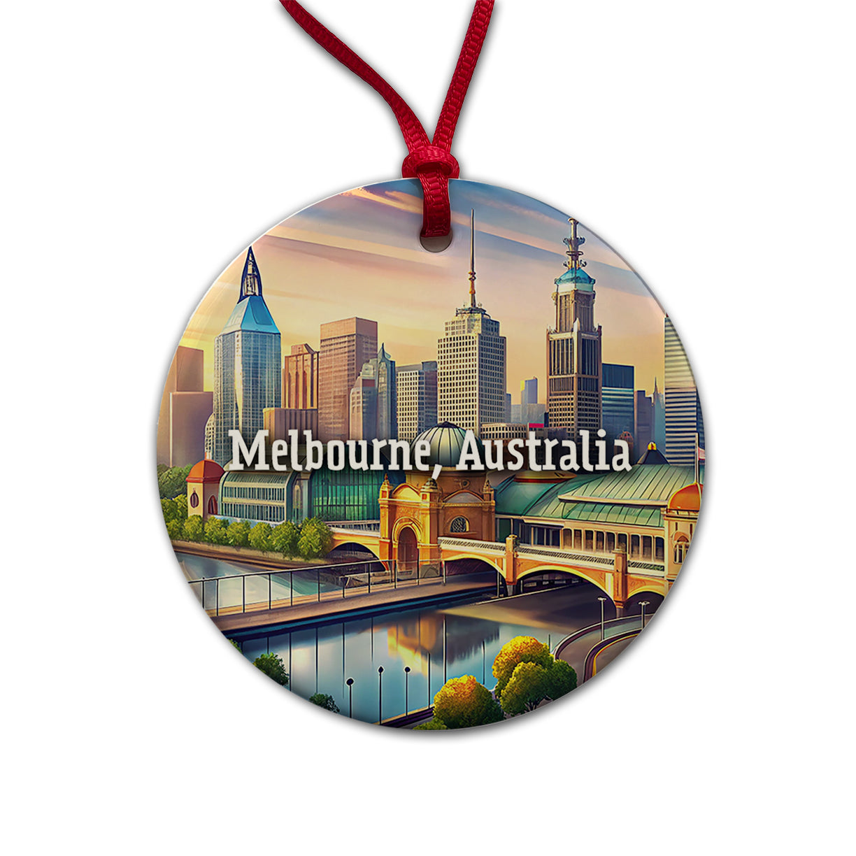 Melbourne, Australia Travel City Country Stamp Round Ceramic Holiday Christmas Tree Ornament
