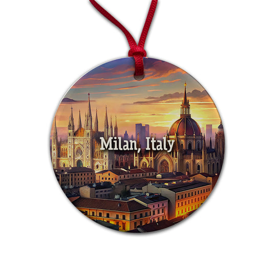 Milan, Italy Travel City Country Stamp Round Ceramic Holiday Christmas Tree Ornament