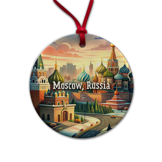 Moscow, Russia Travel City Country Stamp Round Ceramic Holiday Christmas Tree Ornament