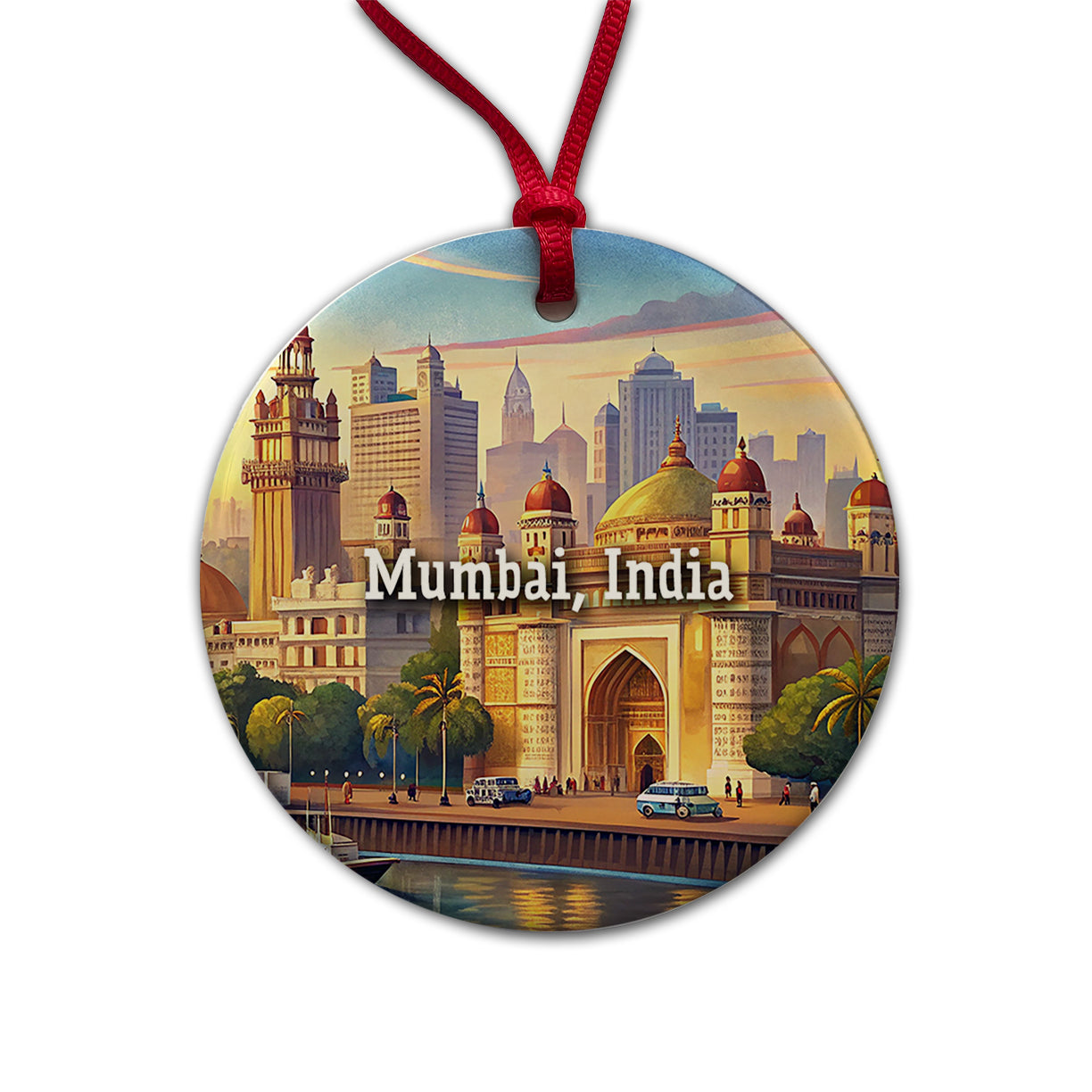 Mumbai, India Travel City Country Stamp Round Ceramic Holiday Christmas Tree Ornament