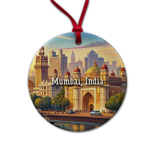 Mumbai, India Travel City Country Stamp Round Ceramic Holiday Christmas Tree Ornament