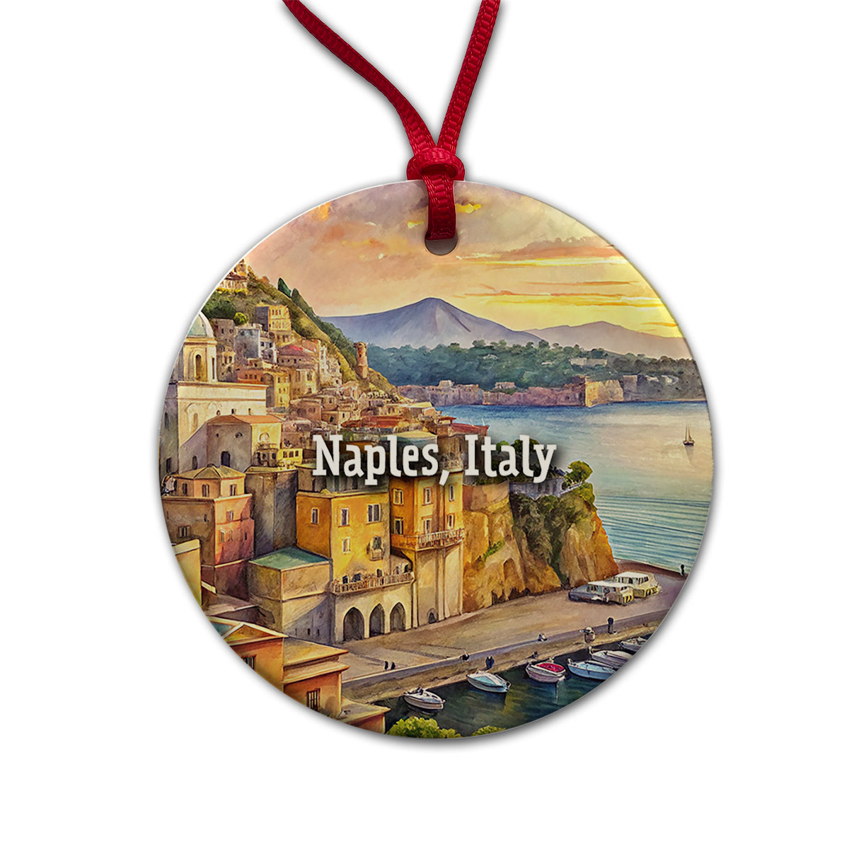 Naples, Italy Travel City Country Stamp Round Ceramic Holiday Christmas Tree Ornament