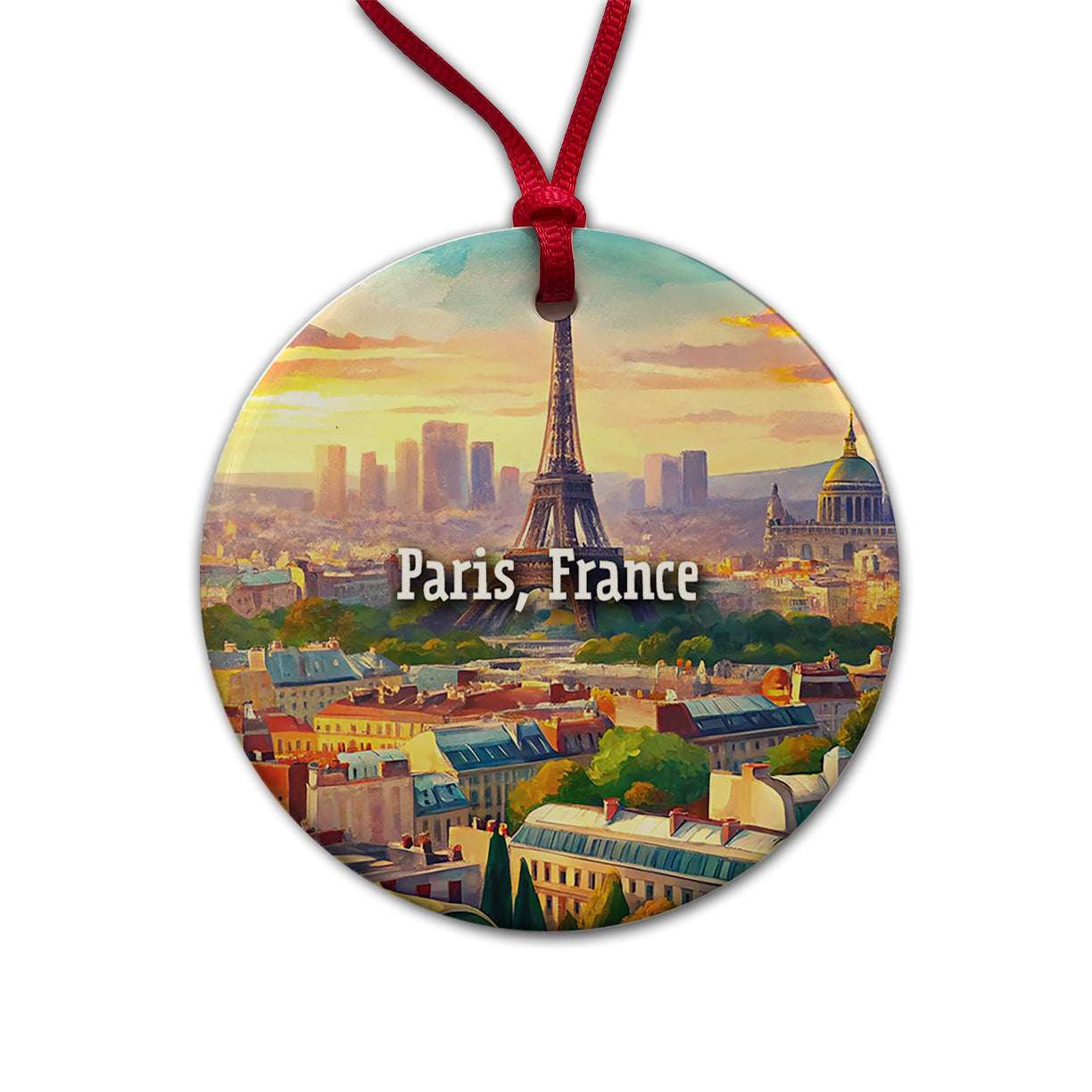 Paris, France Travel City Country Stamp Round Ceramic Holiday Christmas Tree Ornament