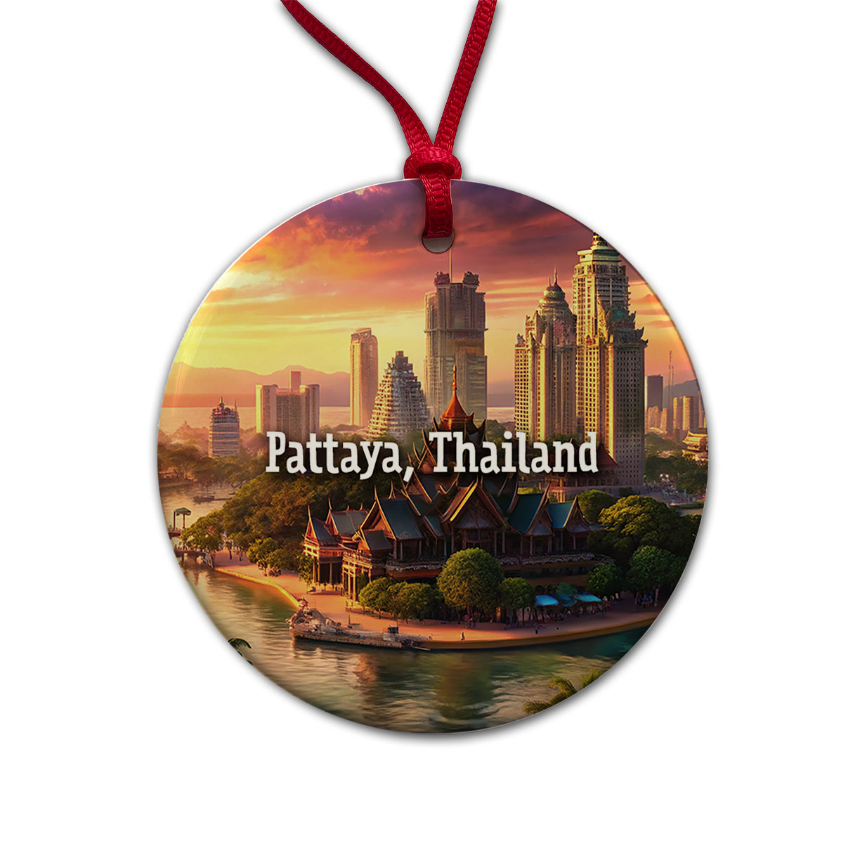 Pattaya, Thailand Travel City Country Stamp Round Ceramic Holiday Christmas Tree Ornament