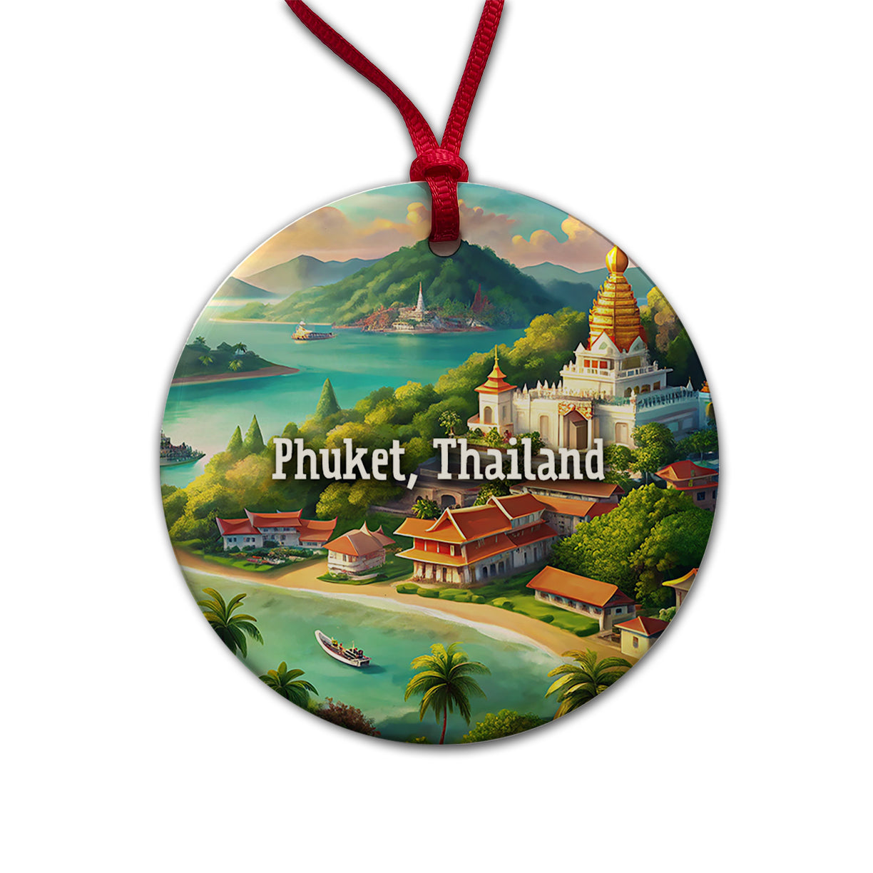 Phuket, Thailand Travel City Country Stamp Round Ceramic Holiday Christmas Tree Ornament