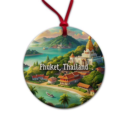 Phuket, Thailand Travel City Country Stamp Round Ceramic Holiday Christmas Tree Ornament
