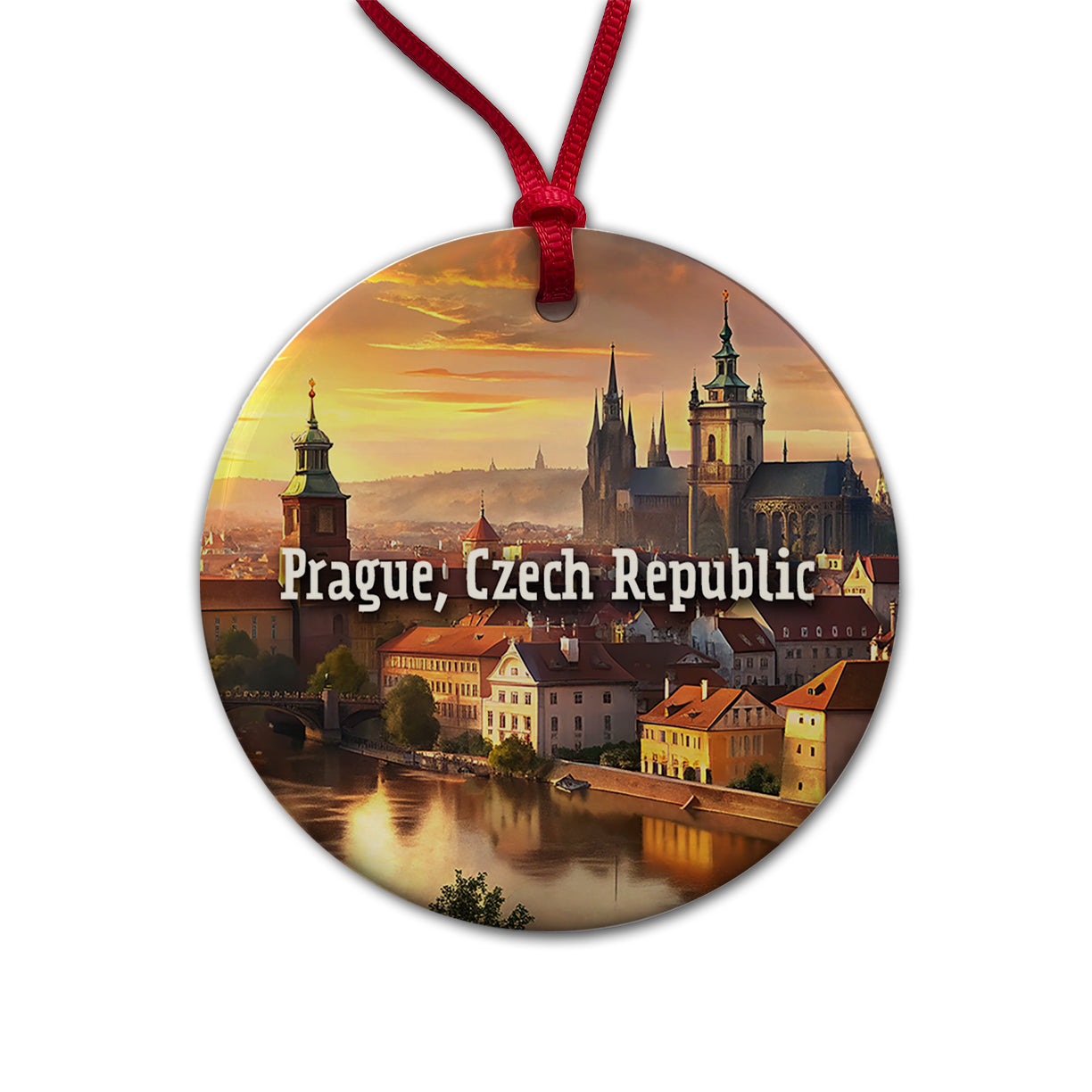Prague, Czech Republic Travel City Country Stamp Round Ceramic Holiday Christmas Tree Ornament