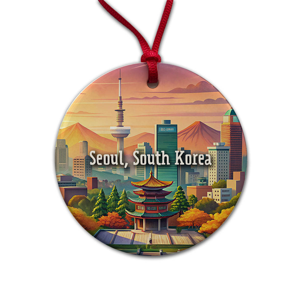 Seoul, South Korea Travel City Country Stamp Round Ceramic Holiday Christmas Tree Ornament