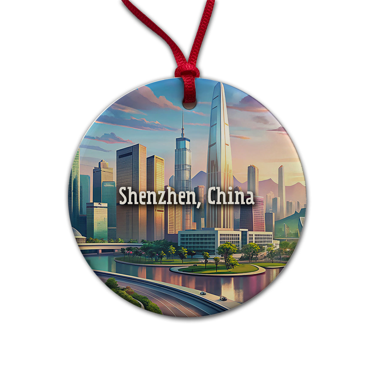 Shenzhen, China Travel City Country Stamp Round Ceramic Holiday Christmas Tree Ornament