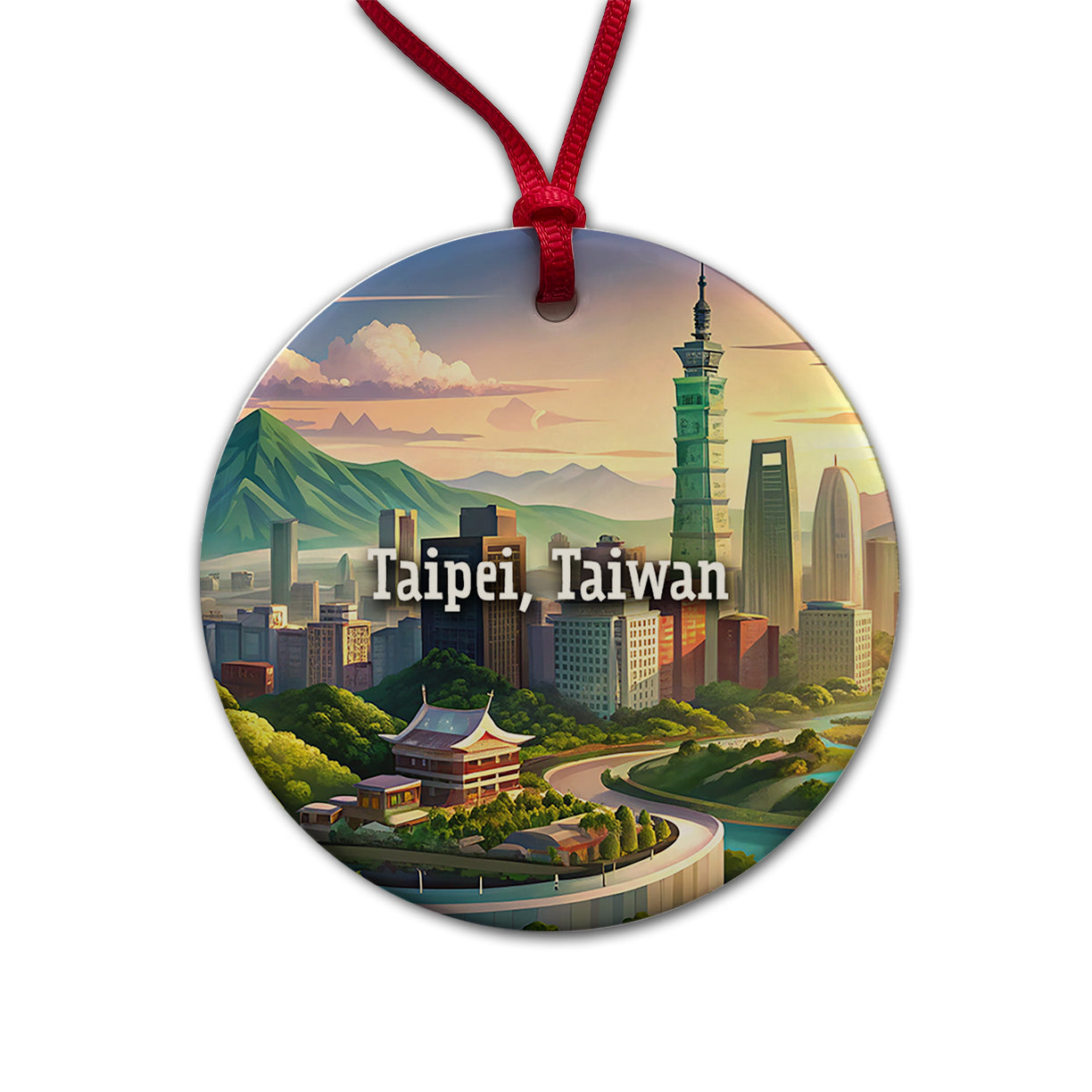 Taipei, Taiwan Travel City Country Stamp Round Ceramic Holiday Christmas Tree Ornament