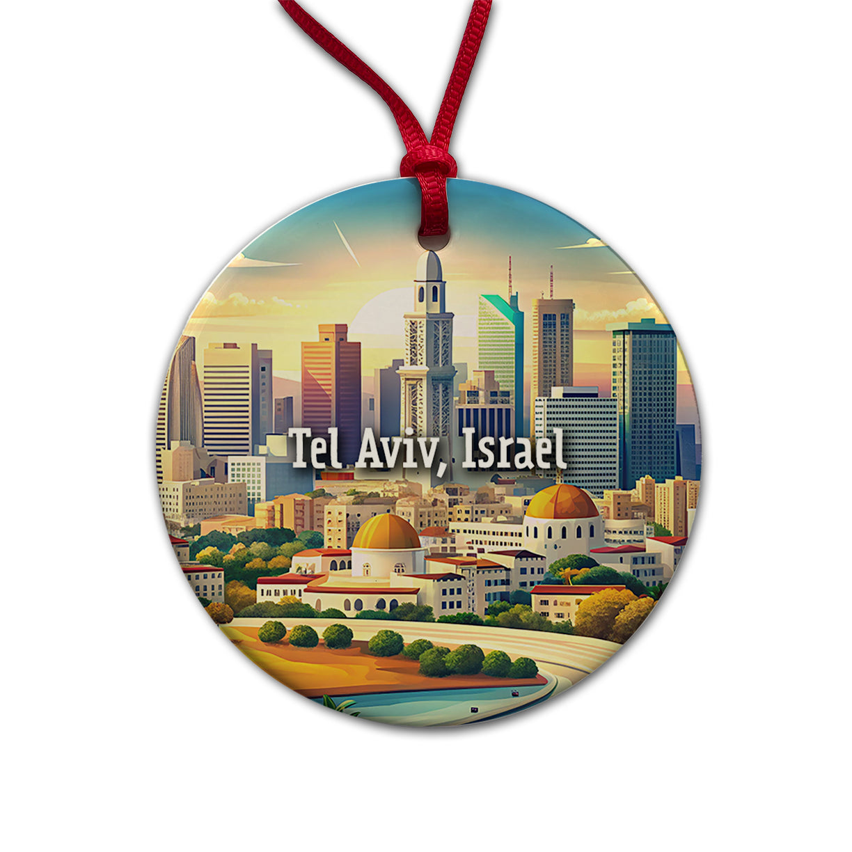 Tel Aviv, Israel Travel City Country Stamp Round Ceramic Holiday Christmas Tree Ornament