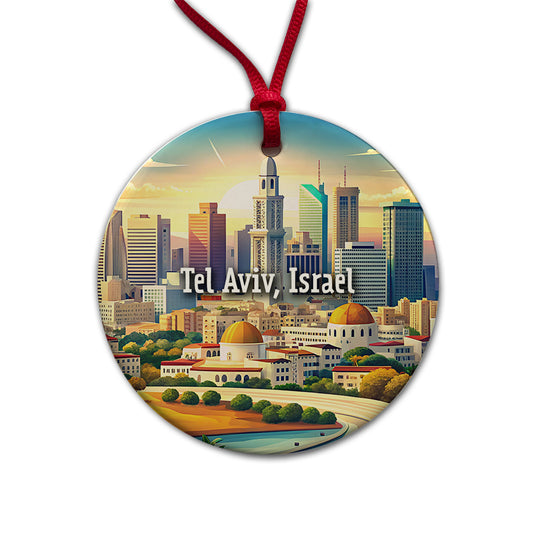 Tel Aviv, Israel Travel City Country Stamp Round Ceramic Holiday Christmas Tree Ornament