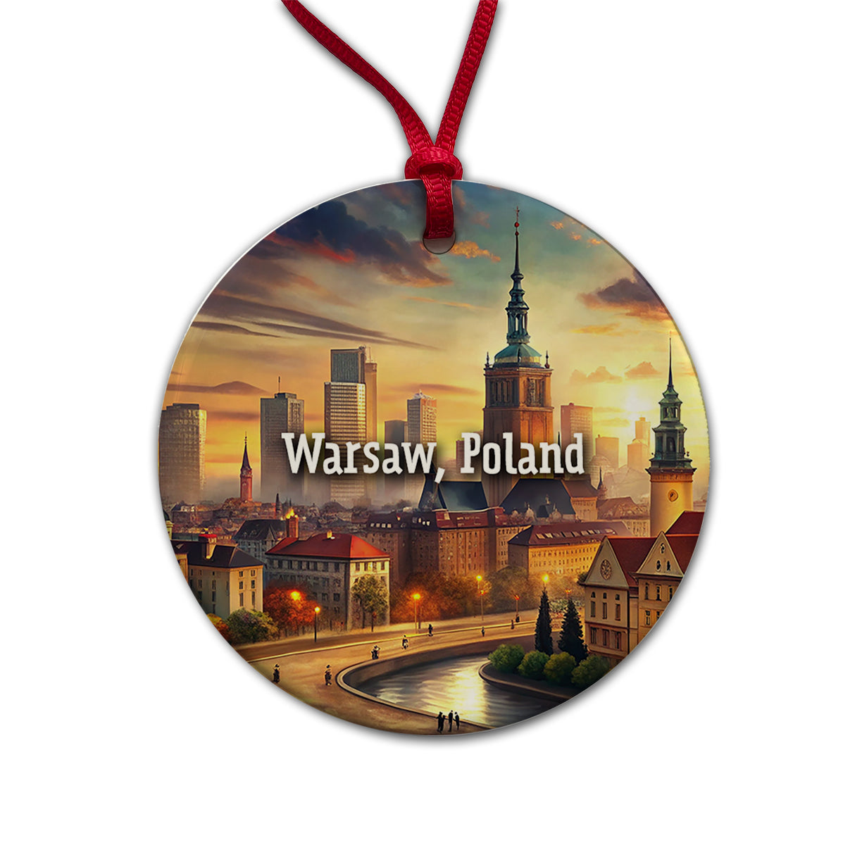 Warsaw, Poland Travel City Country Stamp Round Ceramic Holiday Christmas Tree Ornament