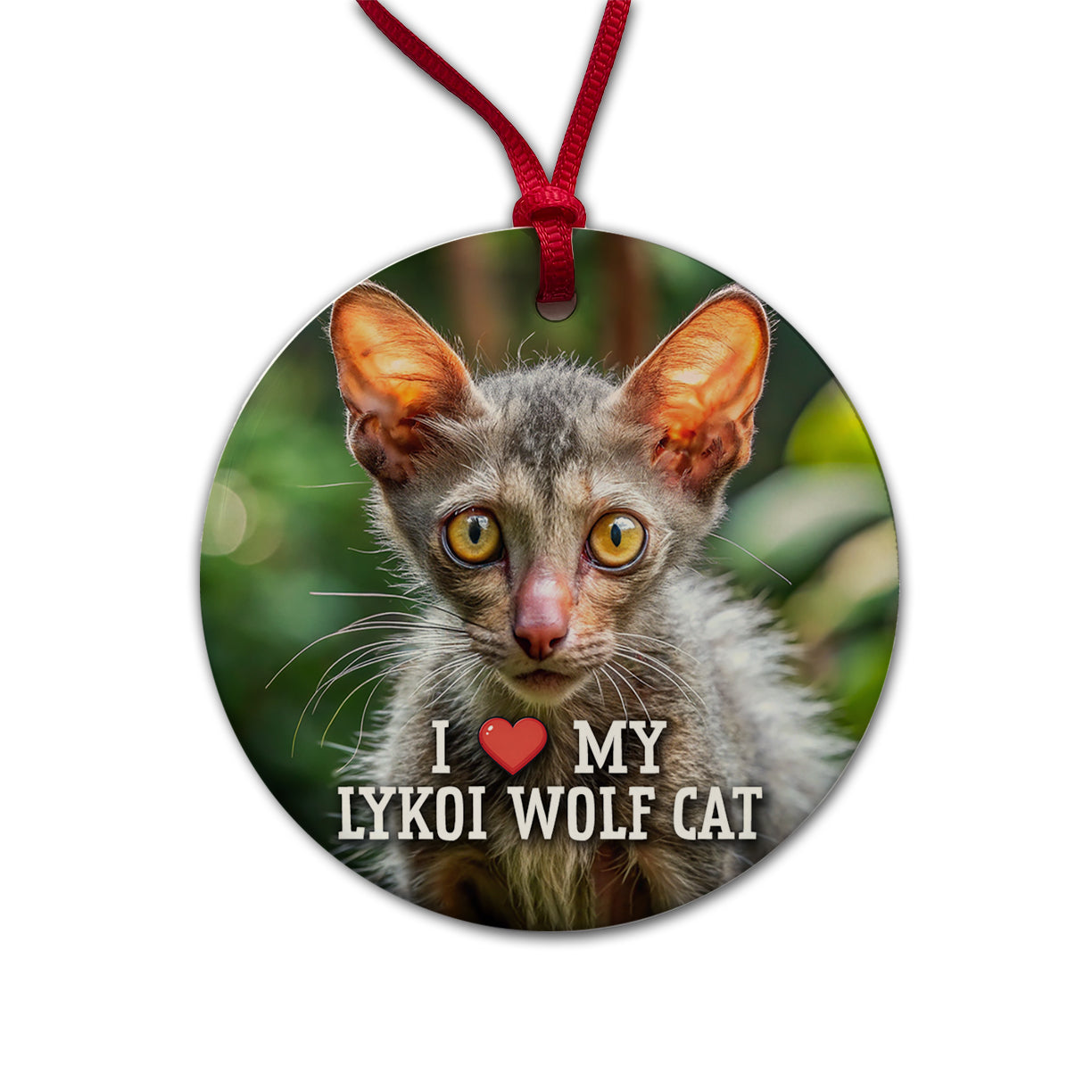 I Love My Lykoi Wolf Cat Heart Round Ceramic Holiday Christmas Tree Ornament