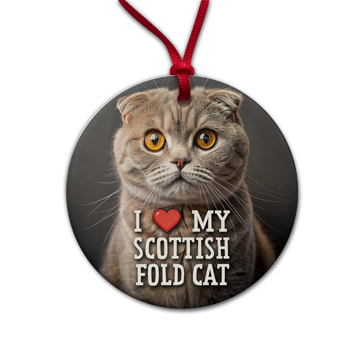 I Love My Scottish Fold Cat Heart Round Ceramic Holiday Christmas Tree Ornament
