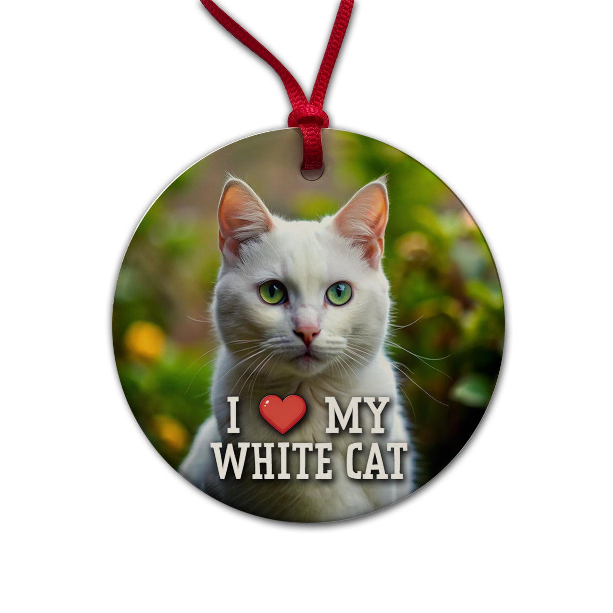 I Love My White Cat Heart Round Ceramic Holiday Christmas Tree Ornament