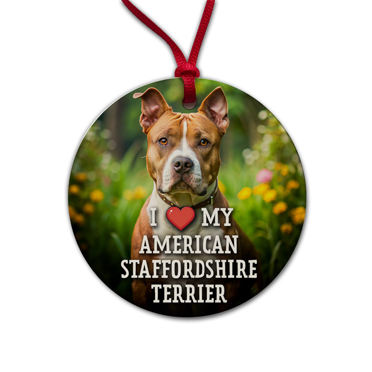 I Love My American Staffordshire Terrier Dog Heart Round Ceramic Holiday Christmas Tree Ornament
