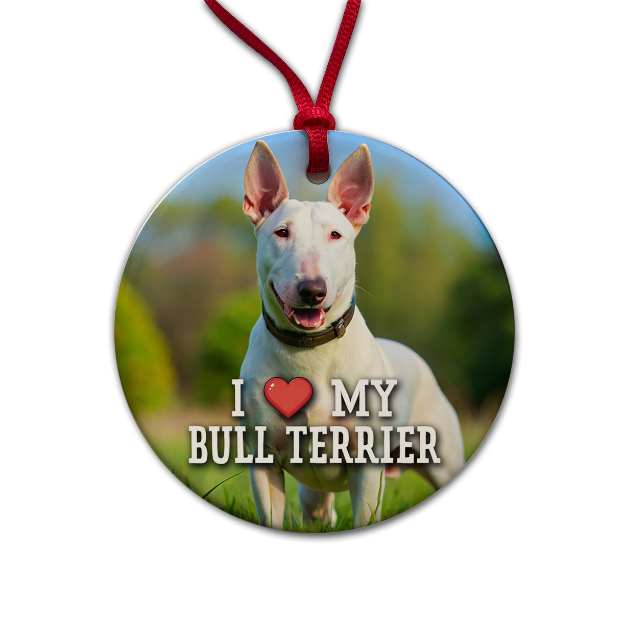 I Love My Bull Terrier Dog Heart Round Ceramic Holiday Christmas Tree Ornament
