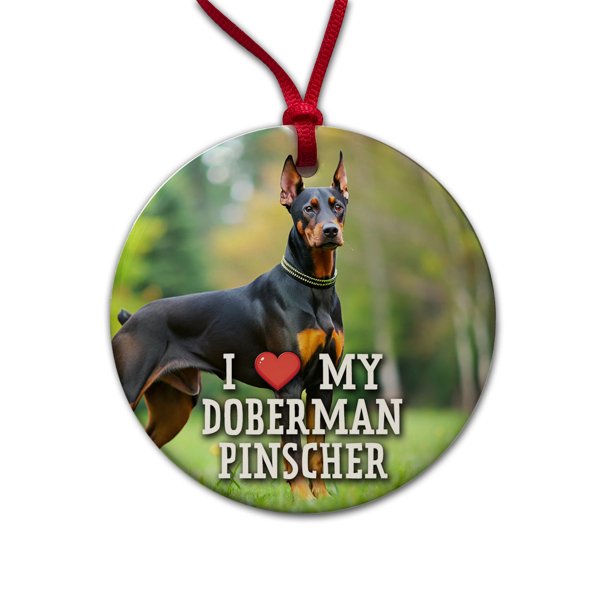 I Love My Doberman Pinscher Dog Heart Round Ceramic Holiday Christmas Tree Ornament