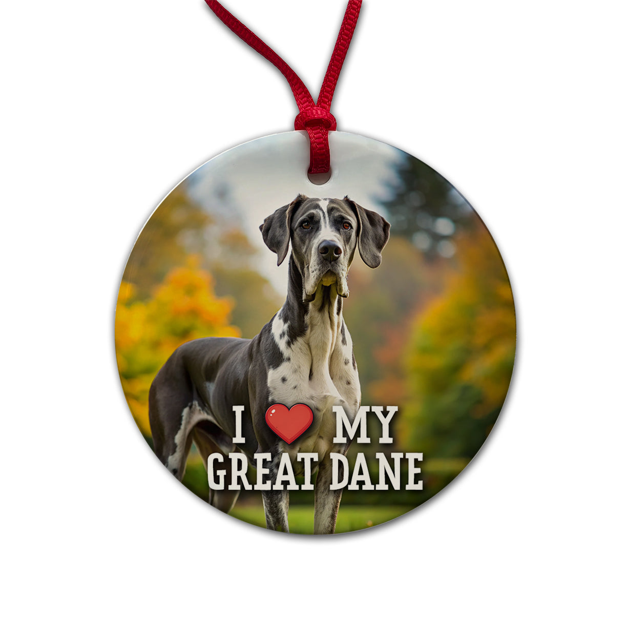 I Love My Great Dane Dog Heart Round Ceramic Holiday Christmas Tree Ornament