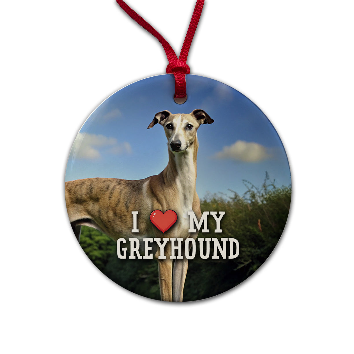I Love My Greyhound Dog Heart Round Ceramic Holiday Christmas Tree Ornament