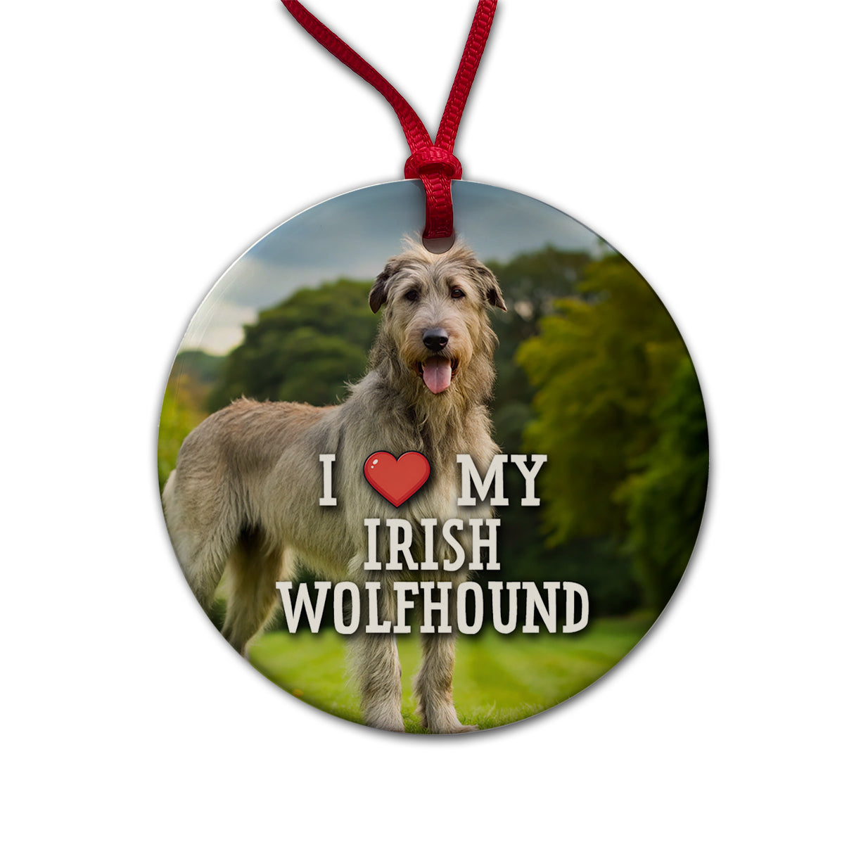 I Love My Irish Wolfhound Dog Heart Round Ceramic Holiday Christmas Tree Ornament