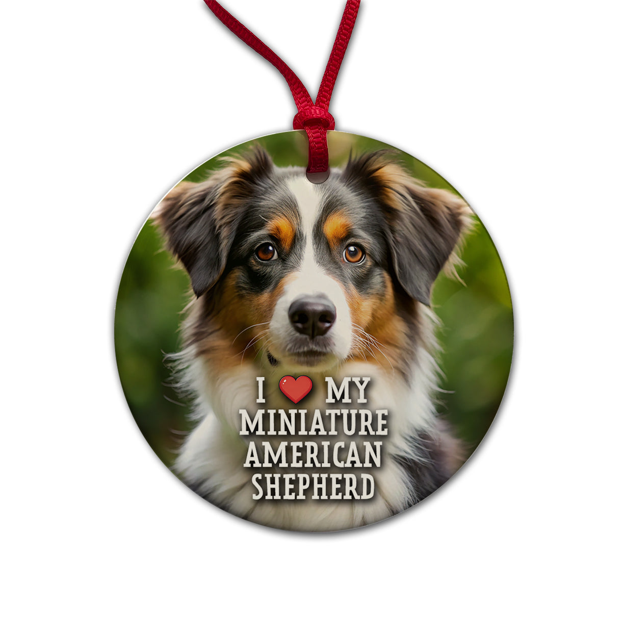 I Love My Miniature American Shepherd Dog Heart Round Ceramic Holiday Christmas Tree Ornament