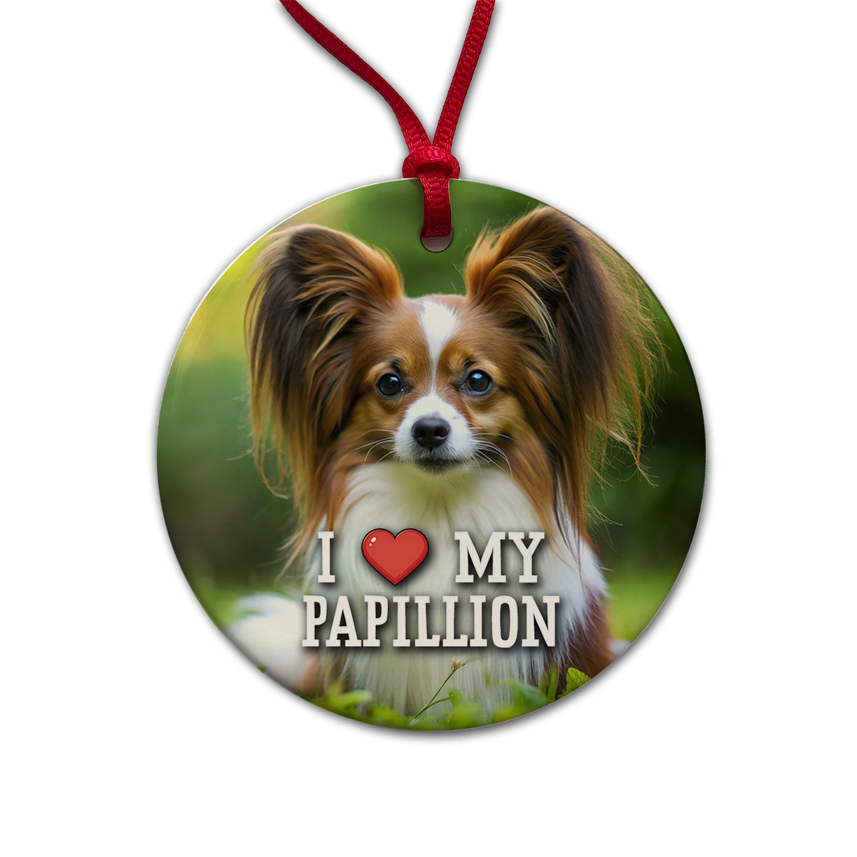 I Love My Papillion Dog Heart Round Ceramic Holiday Christmas Tree Ornament