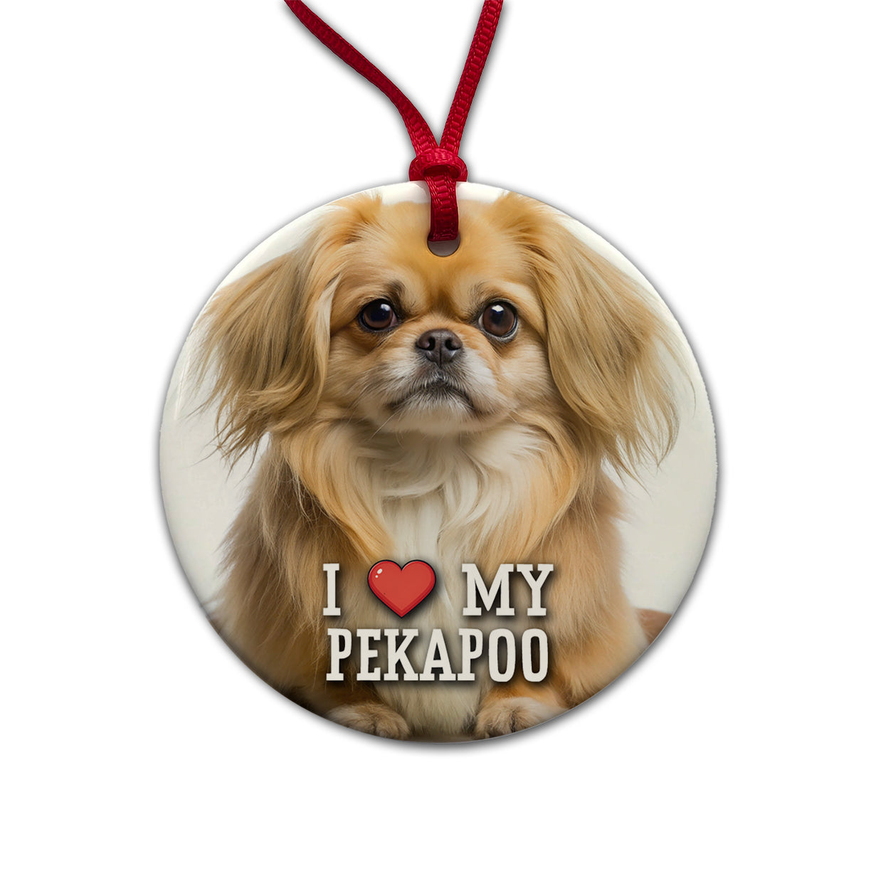 I Love My Pekapoo Dog Heart Round Ceramic Holiday Christmas Tree Ornament