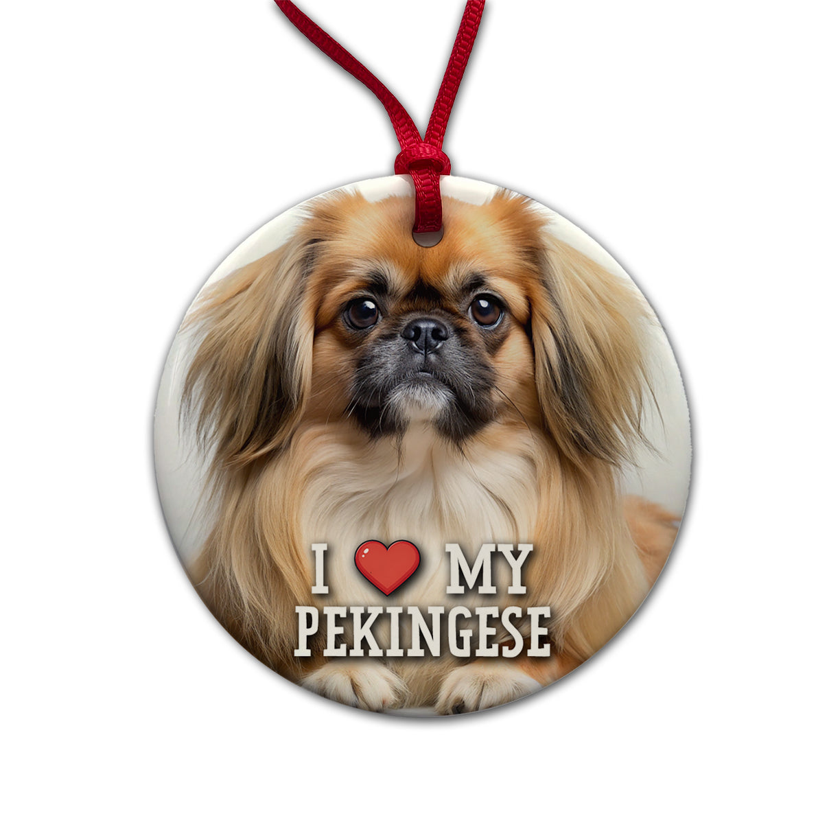 I Love My Pekingese Dog Heart Round Ceramic Holiday Christmas Tree Ornament