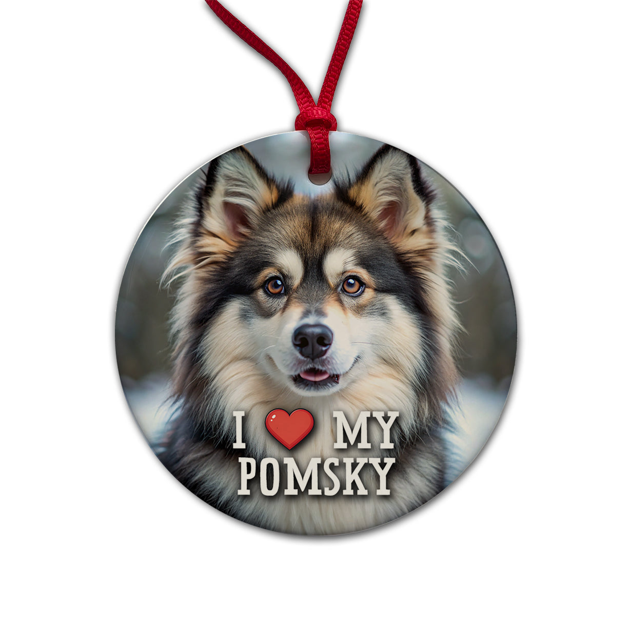 I Love My Pomsky Dog Heart Round Ceramic Holiday Christmas Tree Ornament