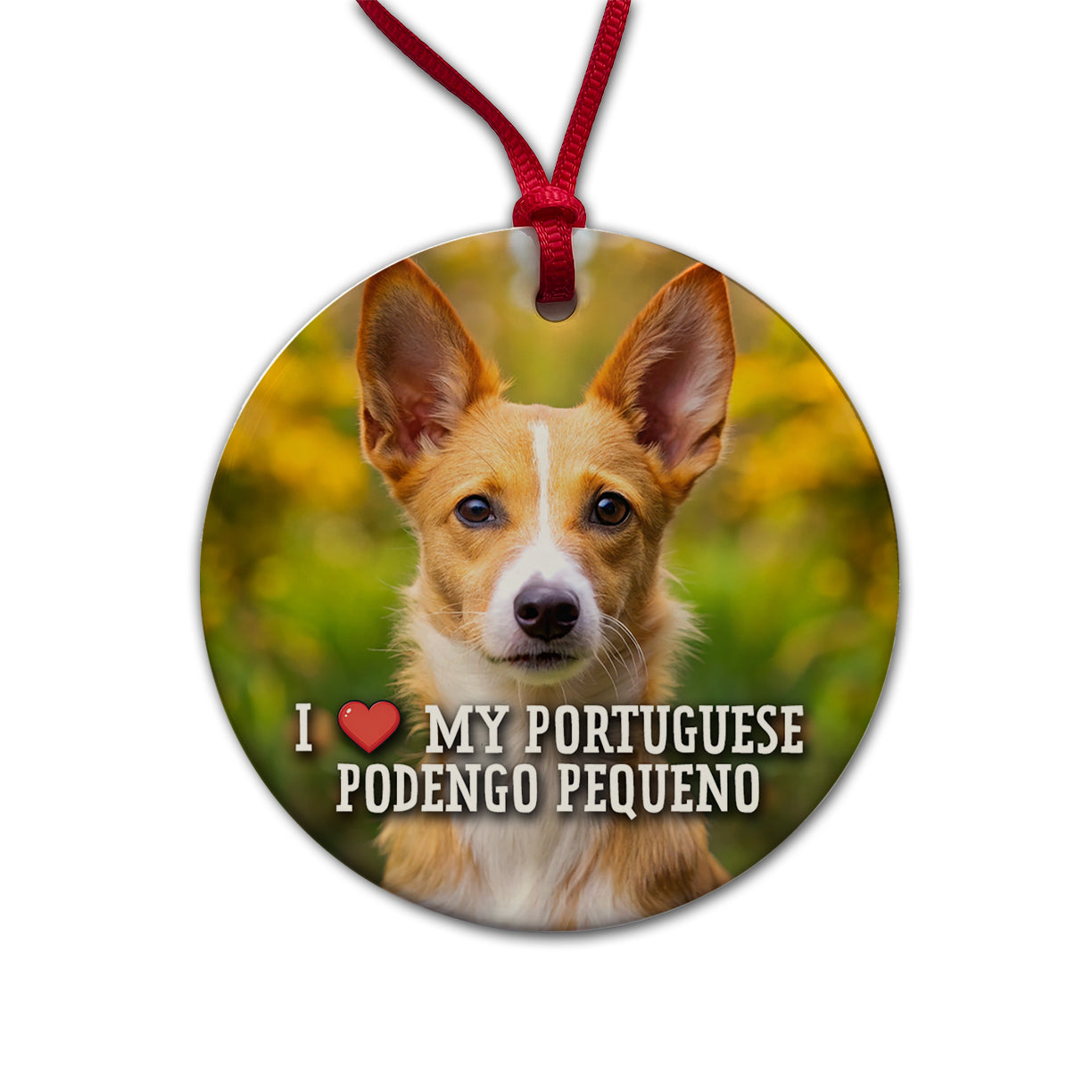 I Love My Portuguese Podengo Pequeno Dog Heart Round Ceramic Holiday Christmas Tree Ornament