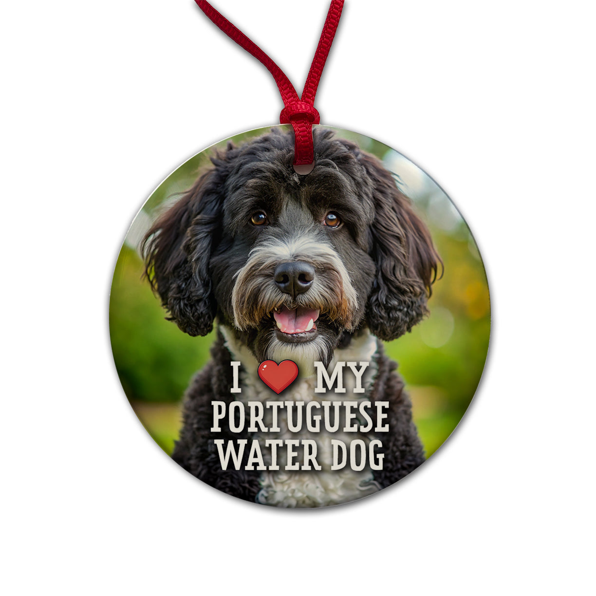 I Love My Portuguese Water Dog Heart Round Ceramic Holiday Christmas Tree Ornament