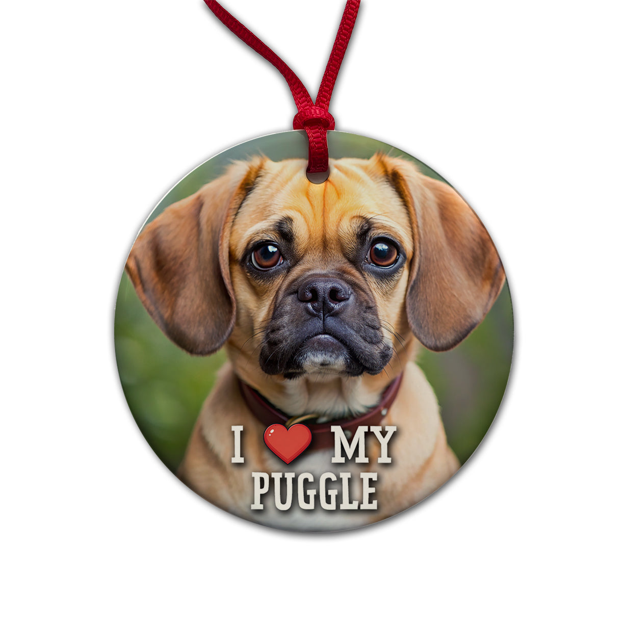 I Love My Puggle Dog Heart Round Ceramic Holiday Christmas Tree Ornament