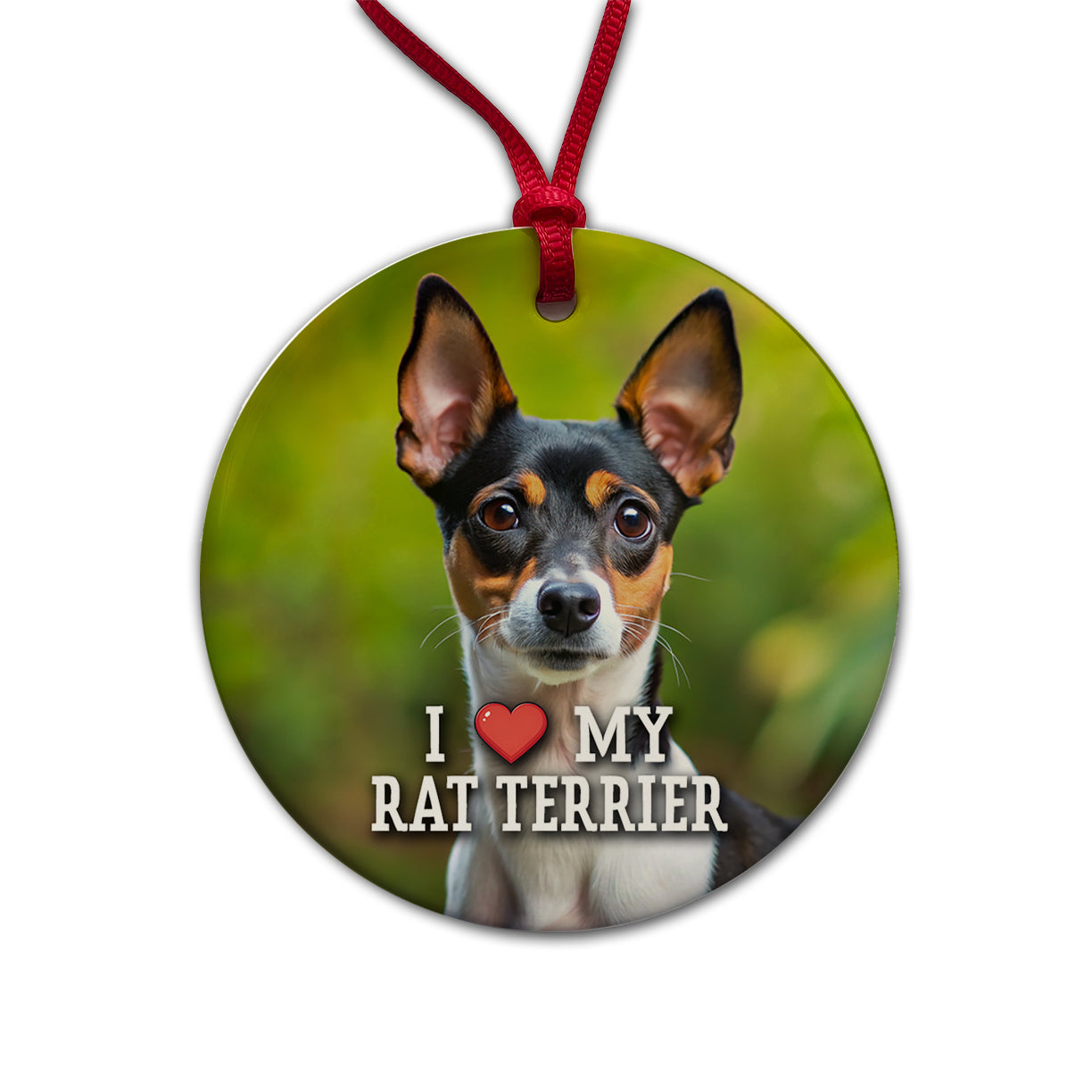 I Love My Rat Terrier Dog Heart Round Ceramic Holiday Christmas Tree Ornament