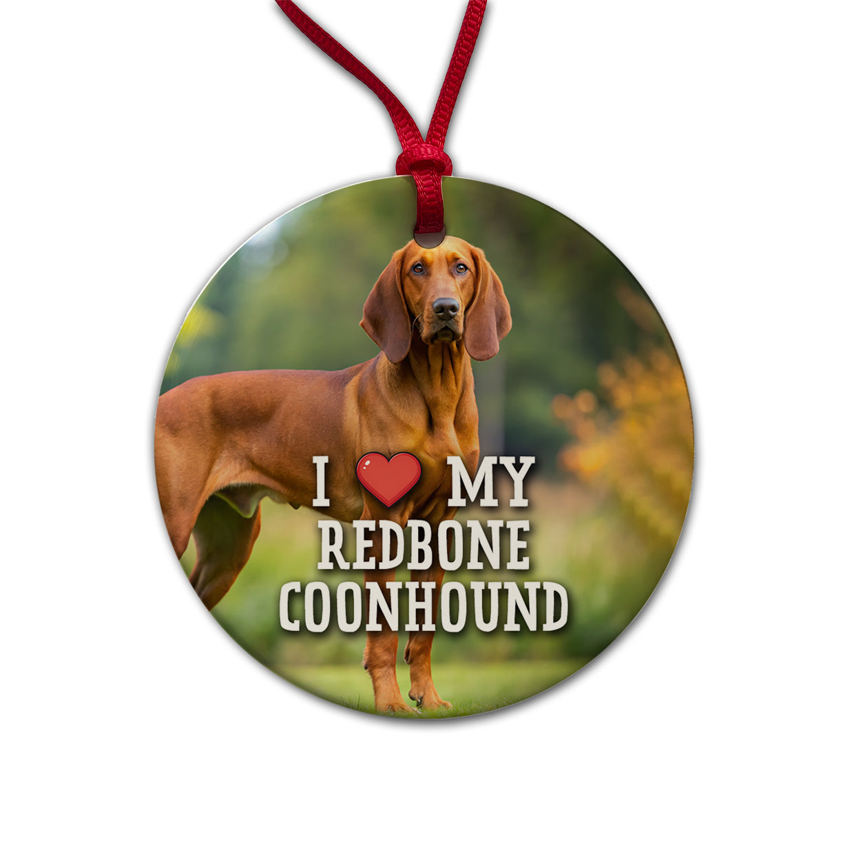 I Love My Redbone Coonhound Dog Heart Round Ceramic Holiday Christmas Tree Ornament