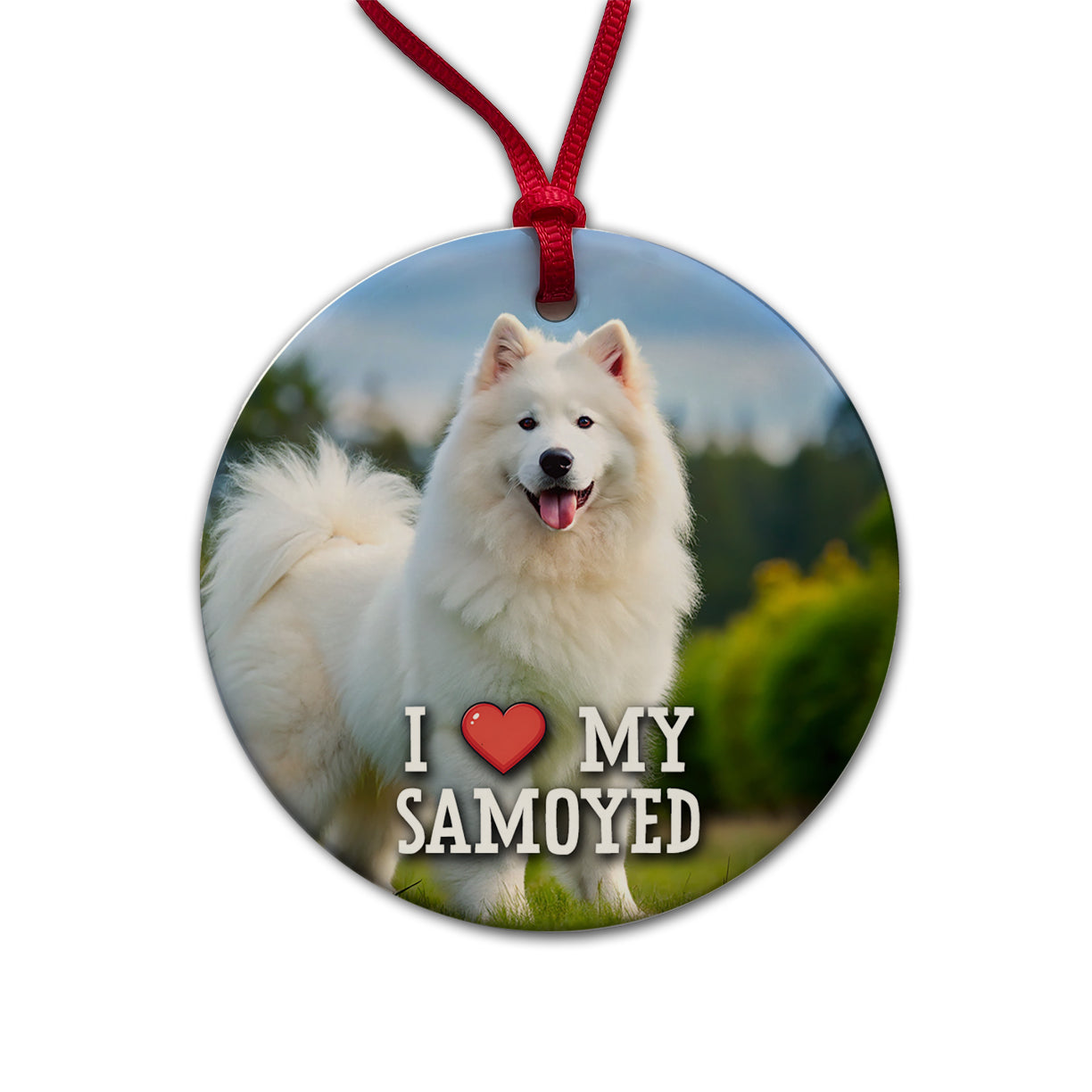 I Love My Samoyed Dog Heart Round Ceramic Holiday Christmas Tree Ornament