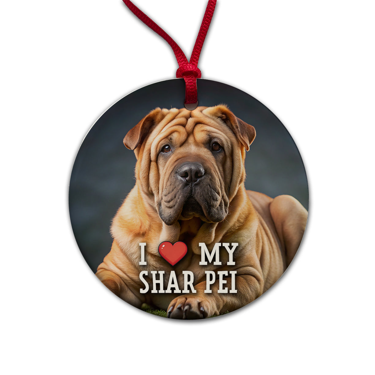 I Love My Shar Pei Dog Heart Round Ceramic Holiday Christmas Tree Ornament
