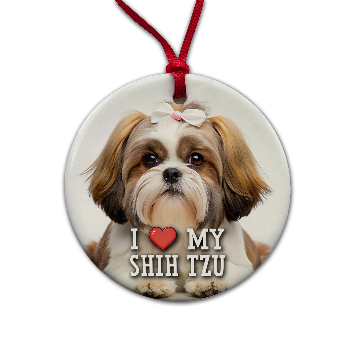 I Love My Shih Tzu Dog Heart Round Ceramic Holiday Christmas Tree Ornament