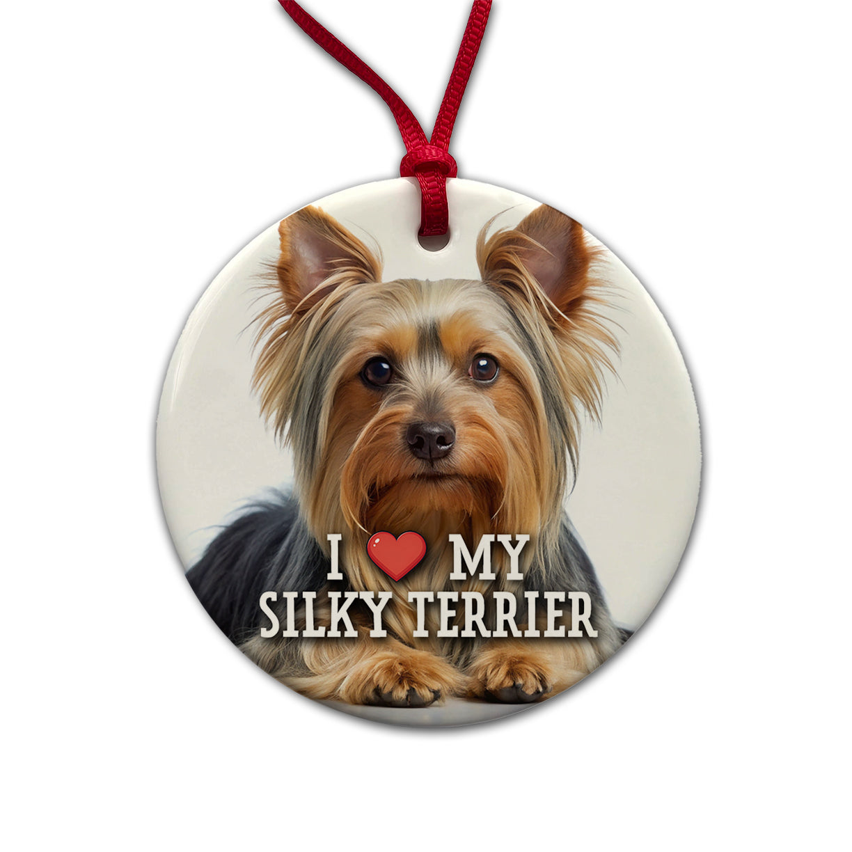 I Love My Silky Terrier Dog Heart Round Ceramic Holiday Christmas Tree Ornament