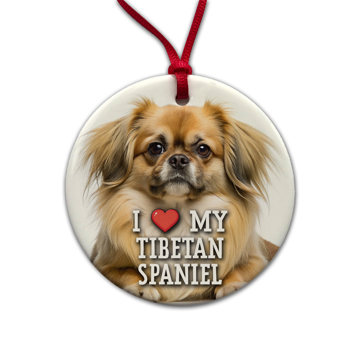 I Love My Tibetan Spaniel Dog Heart Round Ceramic Holiday Christmas Tree Ornament