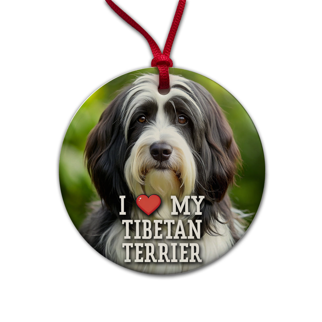 I Love My Tibetan Terrier Dog Heart Round Ceramic Holiday Christmas Tree Ornament