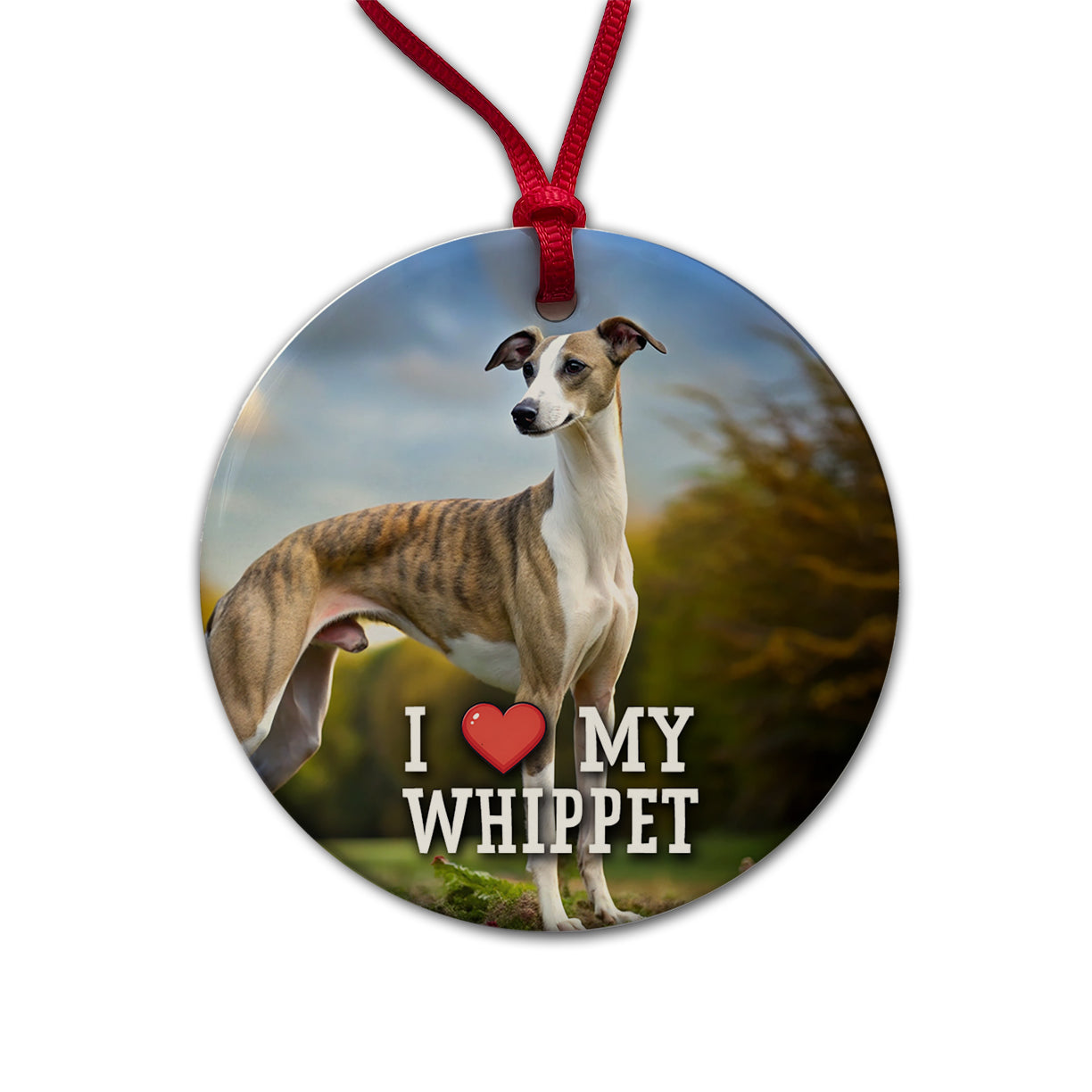 I Love My Whippet Dog Heart Round Ceramic Holiday Christmas Tree Ornament