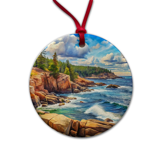 Acadia National Park Maine Watercolor Style Round Ceramic Holiday Christmas Tree Ornament