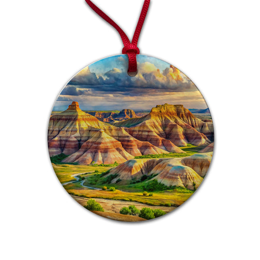 Badlands National Park South Dakota Watercolor Style Round Ceramic Holiday Christmas Tree Ornament