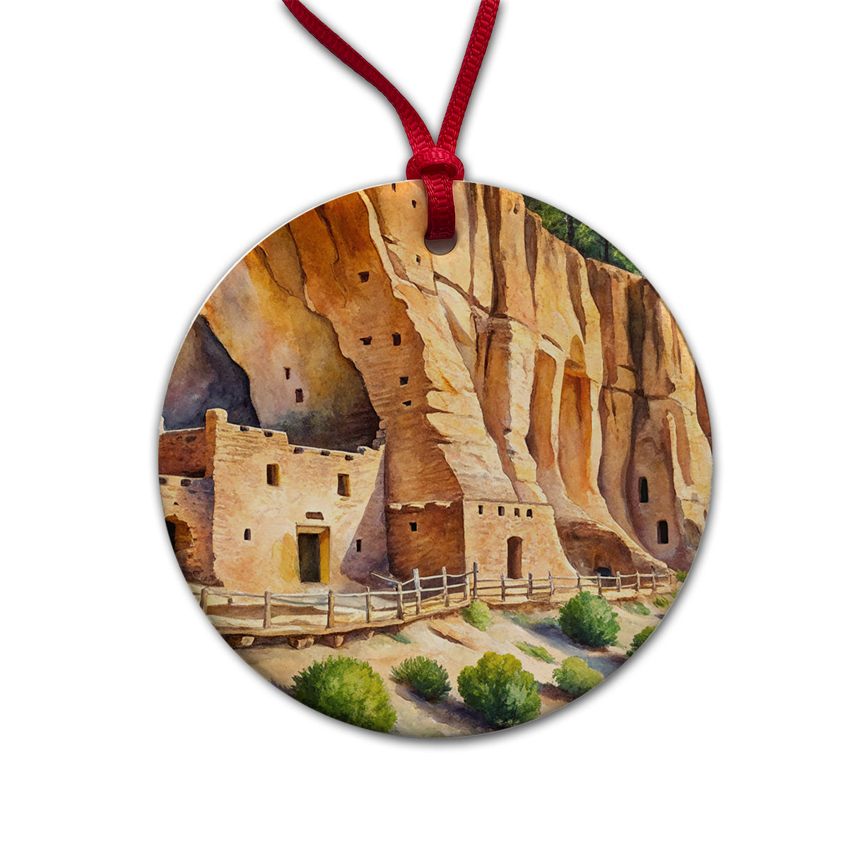 Bandelier National Monument New Mexico Watercolor Style Round Ceramic Holiday Christmas Tree Ornament