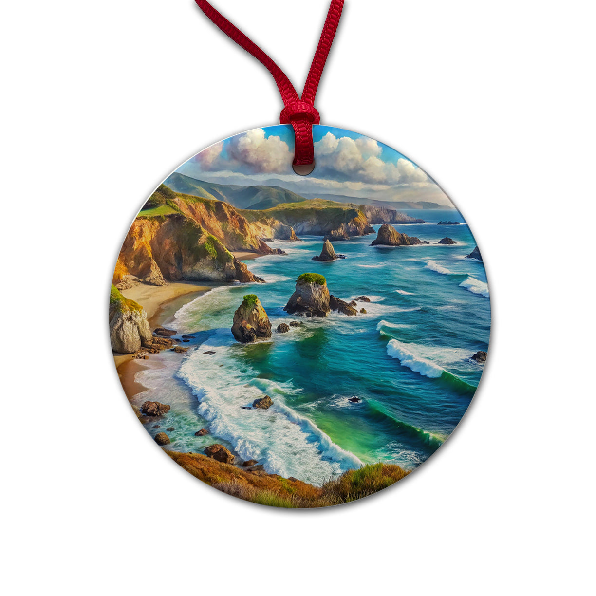 California Coastal National Monument California Watercolor Style Round Ceramic Holiday Christmas Tree Ornament