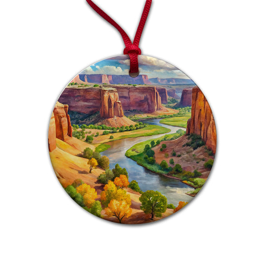 Canyon de Chelly National Monument Arizona Watercolor Style Round Ceramic Holiday Christmas Tree Ornament
