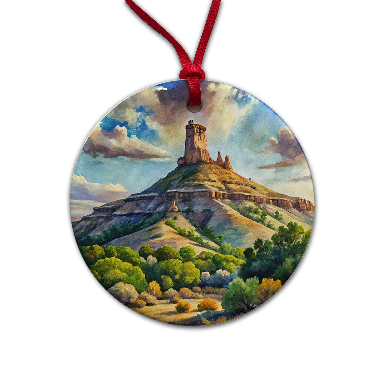 Chimney Rock National Monument Colorado Watercolor Style Round Ceramic Holiday Christmas Tree Ornament